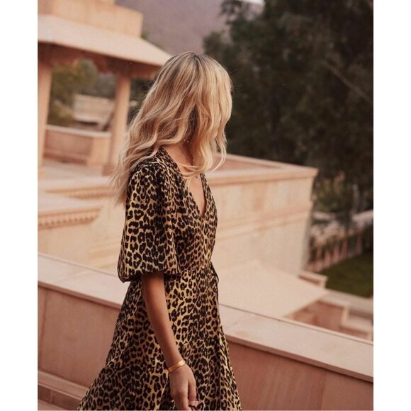 Ganni Bijou Leopard Cotton Wrap Dress Yellow Size 38/ US 6 - Picture 4 of 9